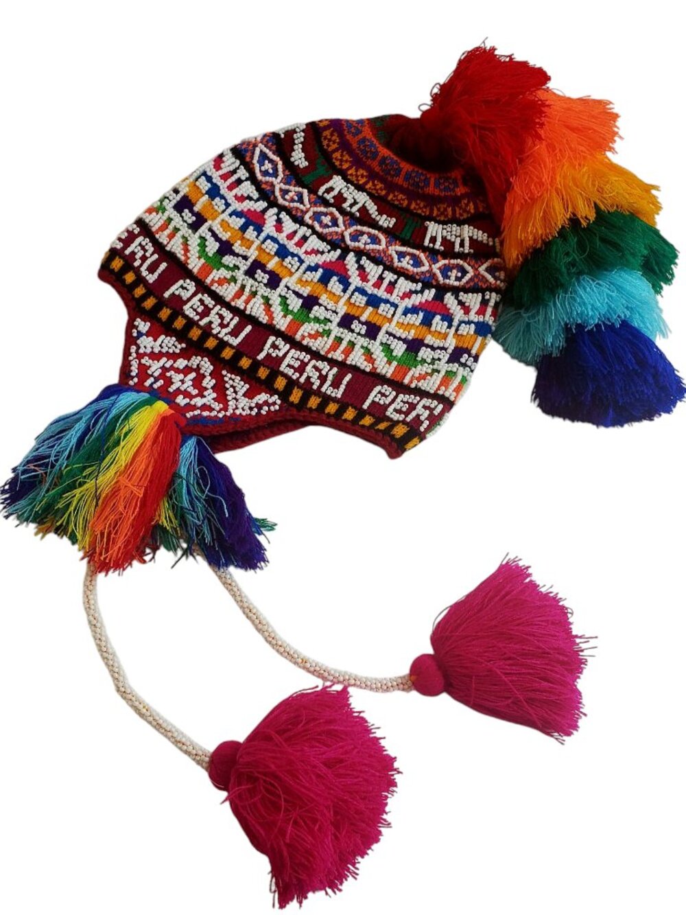 Unisex Chullo Hat Rainbow Andean –  Earflap with Colorful Pom-Poms | Handwoven